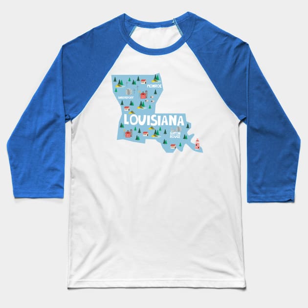 Louisiana Illustrated Map Baseball T-Shirt by JunkyDotCom